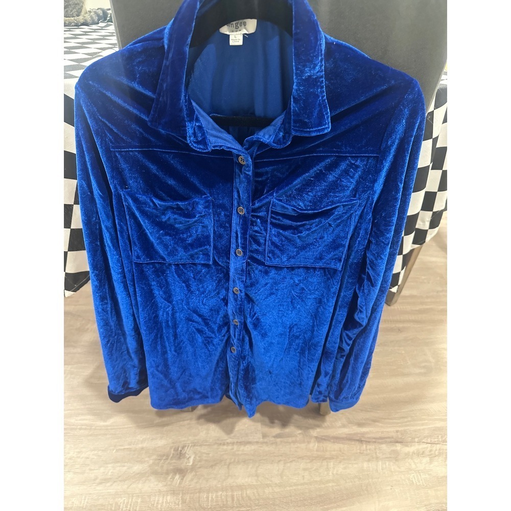 Umgee Women's Blue Velvet Long Sleeve Button Down Shirt Pockets, Size L team